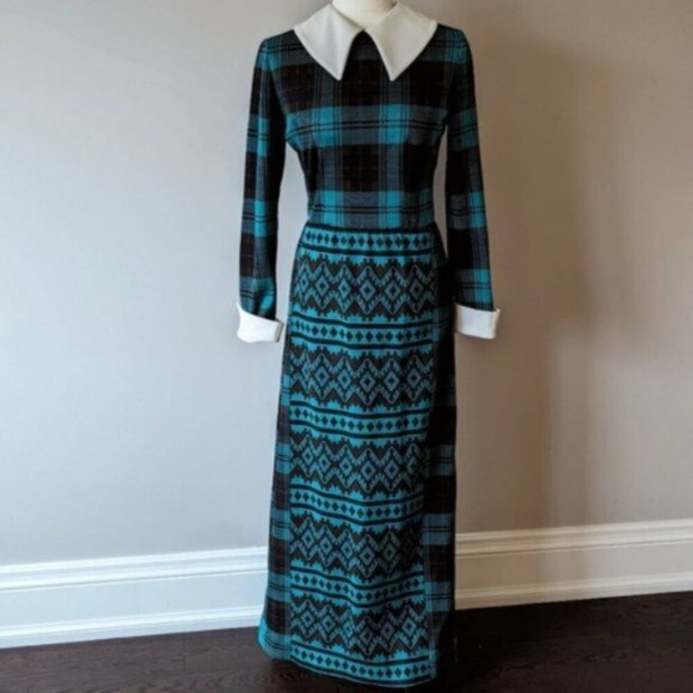 Vintage 70's James Kenrob by Dalton long sleeve knit plaid maxi prairie dress